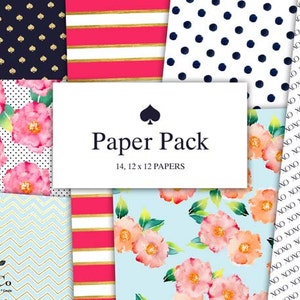 May include: A digital paper pack with 14 different patterns. The patterns include pink and white floral, blue and white chevron, pink and white stripes, navy blue and gold polka dots, and white with black "XOXO" text.