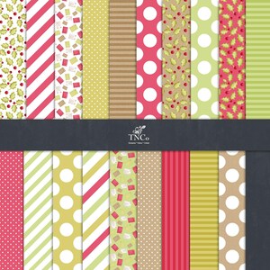 May include: A set of 16 digital paper patterns in red, green, and brown with various designs including polka dots, stripes, and holly leaves.