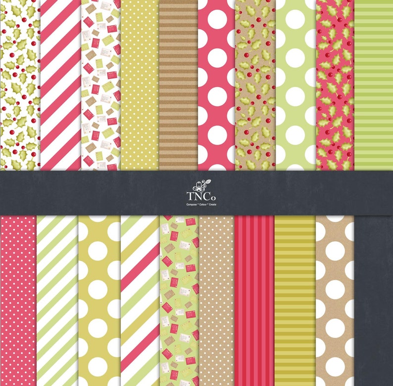 May include: A set of 16 digital paper patterns in red, green, and brown with various designs including polka dots, stripes, and holly leaves.
