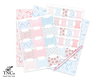 floral journal tabs - printable journal tabs - junk journal tabs - shabby tab download - scrapbooking tabs - pink and blue journal tabs
