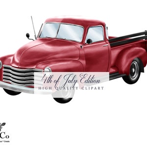 Puede incluir: Una camioneta roja vintage con una cama de madera. La camioneta tiene un fondo blanco y el texto "4th of July Edition HIGH QUALITY CLIPART" est&aacute; debajo de la camioneta.