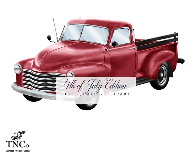 Puede incluir: Una camioneta roja vintage con una cama de madera. La camioneta tiene un fondo blanco y el texto "4th of July Edition HIGH QUALITY CLIPART" est&aacute; debajo de la camioneta.