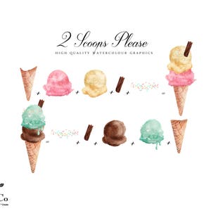May include: Watercolor illustration of ice cream cones with two scoops each. The image includes pink, yellow, brown, and teal ice cream, with sprinkles and chocolate sticks. Text reads "2 Scoops Please".