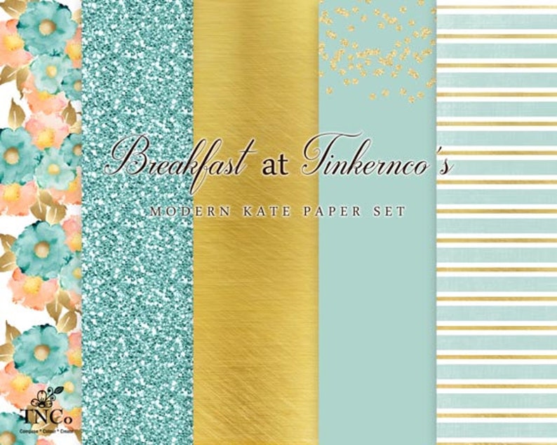 Peut inclure: Un pack de papier num&eacute;rique avec quatre motifs diff&eacute;rents. Les motifs comprennent une paillettes turquoise, un feuille d'or, un fond turquoise avec des confettis dor&eacute;s et un motif ray&eacute; turquoise et blanc. Le texte "Breakfast at Tinkernco's MODERN KATE PAPER SET" est au centre de l'image.