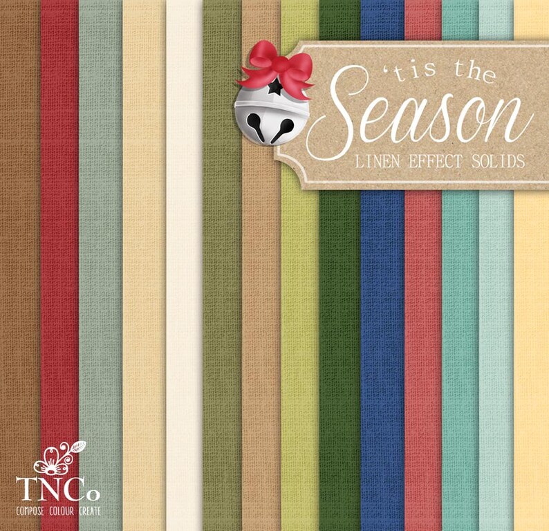 May include: A collection of 12 solid color digital papers with a linen texture. The papers are in various shades of brown, red, green, blue, and beige. The papers are labeled "'tis the Season Linen Effect Solids".