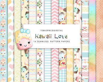 Puede incluir: Un paquete de papel digital con 14 patrones sin costuras que presentan lindos conos de helado kawaii, corazones, rayas, lunares y diseños de chevron. El texto "Kawaii Love" y "14 Seamless Pattern Papers" se muestra en una pancarta blanca.