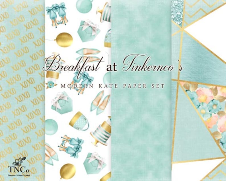 Peut inclure: Un pack de papier num&eacute;rique avec un th&egrave;me de couleur turquoise et or. Le pack comprend quatre motifs diff&eacute;rents : un motif r&eacute;p&eacute;titif de XOXO en or sur un fond turquoise, un motif de formes g&eacute;om&eacute;triques turquoise et or, un motif de formes florales turquoise et or, et un motif de chaussures, bo&icirc;tes cadeaux et ballons turquoise et or sur un fond blanc. Le texte "Breakfast at Tinkerco's" et "MODERN KATE PAPER SET" est inclus dans l'image.