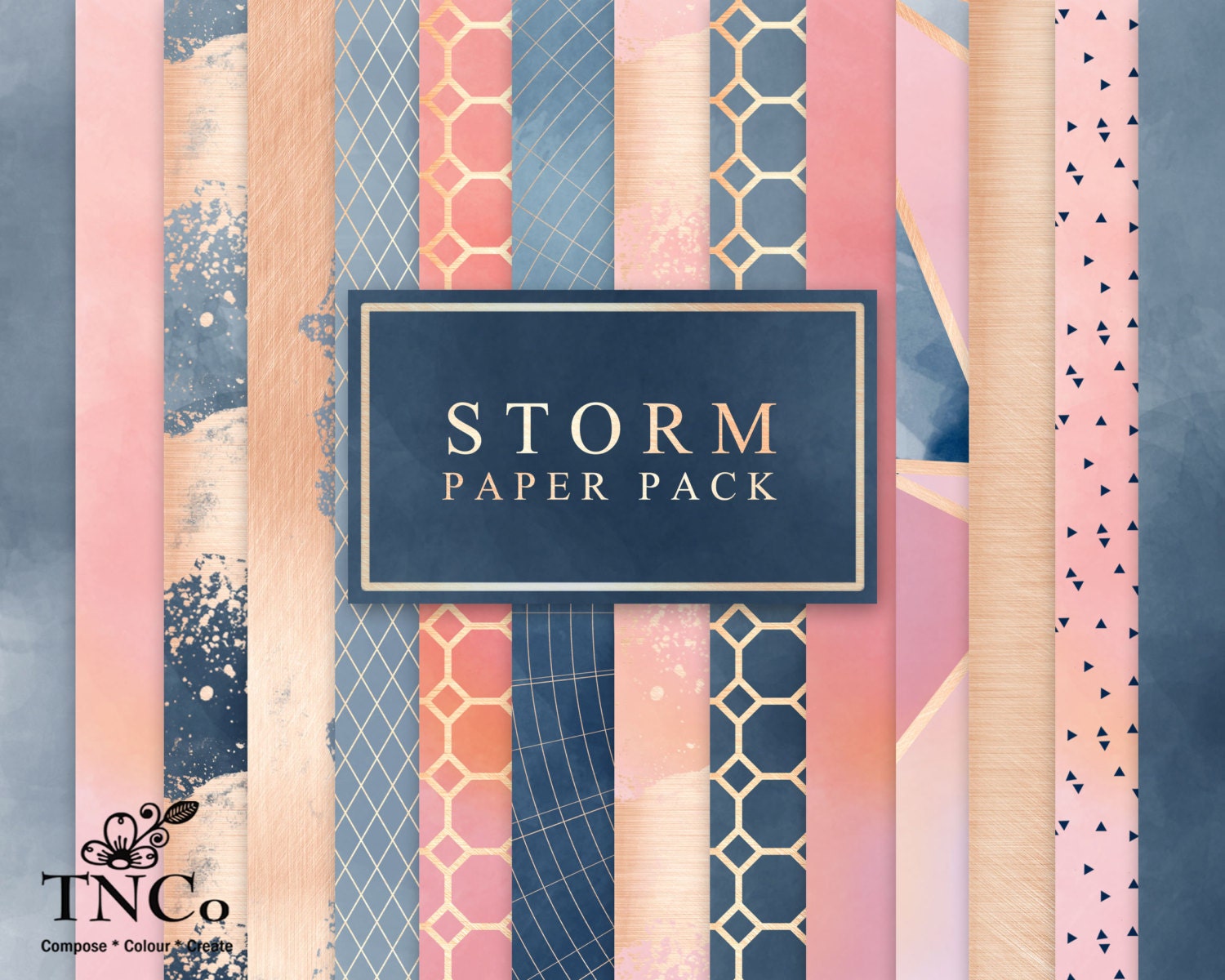 Watercolour digital paper - Navy digital paper - Rose gold foil digit…