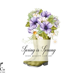 May include: Watercolor illustration of a pair of green rain boots with a bouquet of purple and white flowers in the top. The text "Spring is Sprung" is written in black cursive lettering below the boots. The text "High Quality Clip Art" is written in black lettering below the cursive text.