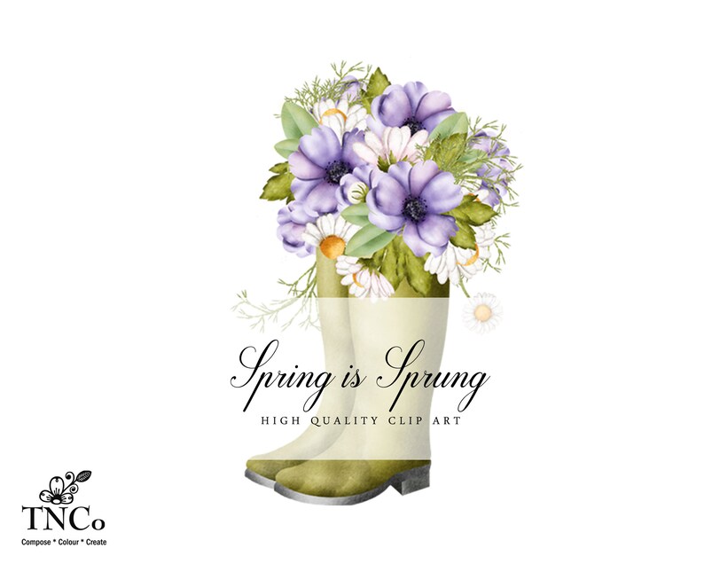 May include: Watercolor illustration of a pair of green rain boots with a bouquet of purple and white flowers in the top. The text "Spring is Sprung" is written in black cursive lettering below the boots. The text "High Quality Clip Art" is written in black lettering below the cursive text.