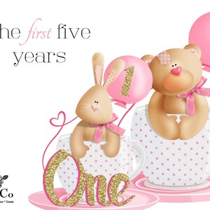ersten Geburtstag Clipart, Bär Illustration für Neugeborene, rosa Teetasse herunterladen, Kaninchen Clipart, rosa Schleifen, Einladung und Kinderzimmer Zubehör