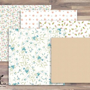 May include: Four sheets of patterned paper with floral designs. The top sheet has a pink floral pattern, the second sheet has a white floral pattern, the third sheet has a blue floral pattern, and the bottom sheet is a solid brown color.