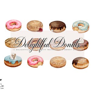 May include: Twelve watercolour illustrations of donuts in various colours and toppings, including pink, blue, brown, and white. The donuts are arranged in a circle around the text "Delightful Donuts".