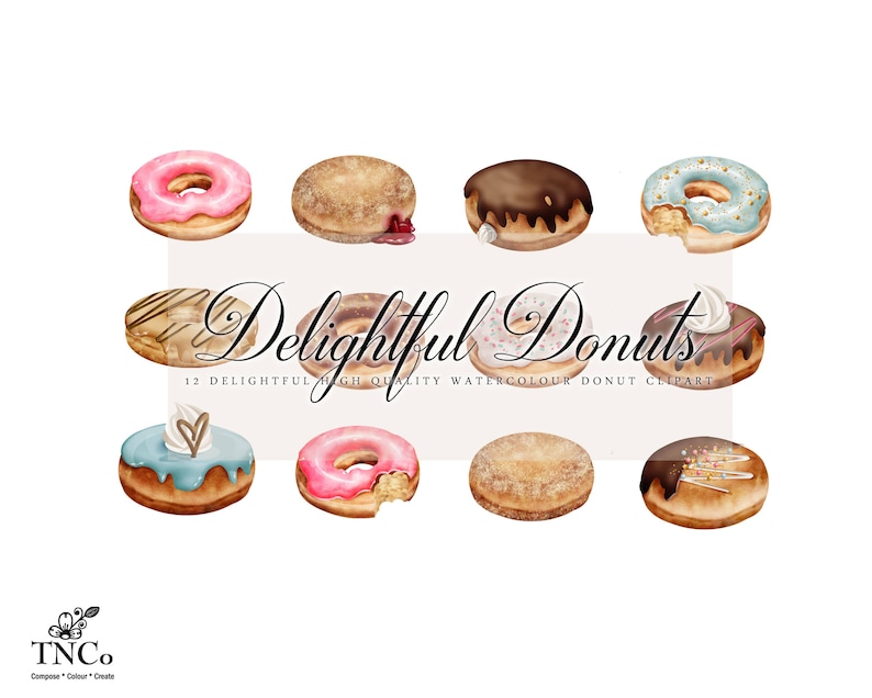 May include: Twelve watercolour illustrations of donuts in various colours and toppings, including pink, blue, brown, and white. The donuts are arranged in a circle around the text "Delightful Donuts".