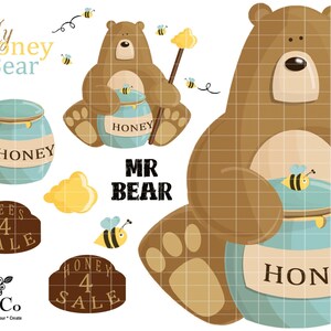 May include: A brown bear illustration with the text "MR BEAR" and "HONEY" on a jar of honey. There are also bees and honey jars with the text "HONEY" and "BEES 4 SALE".