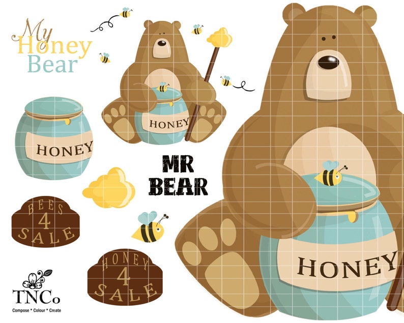 May include: A brown bear illustration with the text "MR BEAR" and "HONEY" on a jar of honey. There are also bees and honey jars with the text "HONEY" and "BEES 4 SALE".