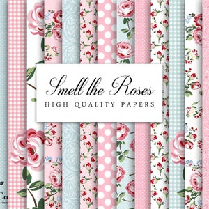 May include: A set of 12 digital papers featuring various floral patterns with pink and blue roses on a white background. The papers are labeled "Smell the Roses High Quality Papers".