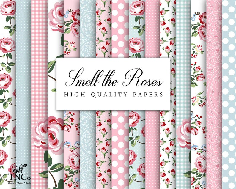 May include: A set of 12 digital papers featuring various floral patterns with pink and blue roses on a white background. The papers are labeled "Smell the Roses High Quality Papers".