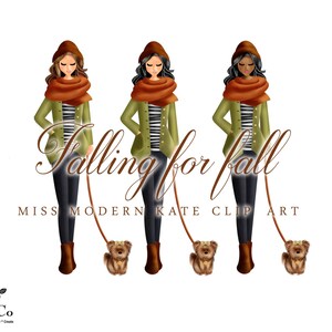 May include: Three women in green jackets and brown scarves walk with their dogs. The women are wearing brown hats and black pants. The dogs are brown and white and have brown bows on their heads. The text "Falling for fall" is written in brown cursive letters. The text "Miss Modern Kate Clip Art" is written in brown letters below the women.