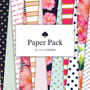 May include: A set of 14 digital paper designs featuring pink floral patterns, polka dots, stripes, and geometric patterns in navy blue, gold, and pink. The text "Paper Pack 14, 12 x 12 Papers" is displayed on a white background.