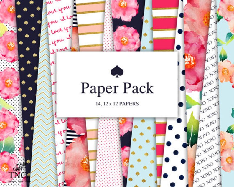 May include: A set of 14 digital paper designs featuring pink floral patterns, polka dots, stripes, and geometric patterns in navy blue, gold, and pink. The text "Paper Pack 14, 12 x 12 Papers" is displayed on a white background.