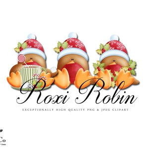 Puede incluir: Tres petirrojos de dibujos animados con gorros de Pap&aacute; Noel y sosteniendo tazas de chocolate caliente. Los petirrojos est&aacute;n sentados sobre un fondo blanco con el texto "Roxy Robin" y "Exceptionally High Quality PNG & JPEG Clipart".