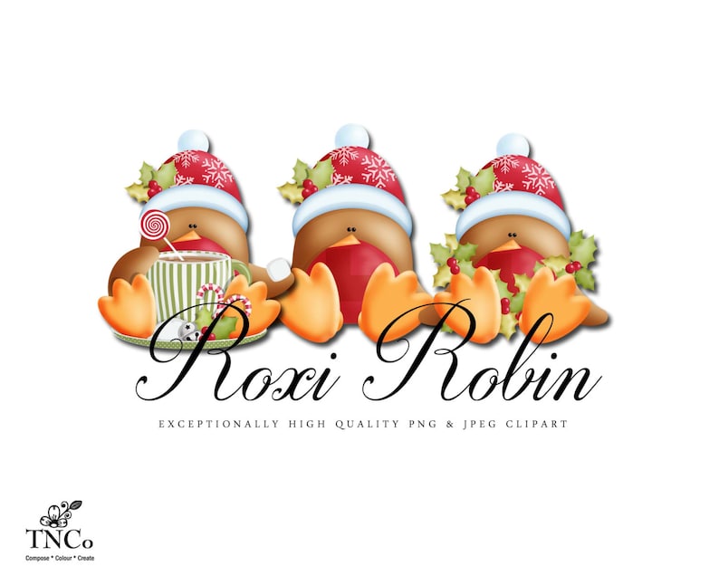 Puede incluir: Tres petirrojos de dibujos animados con gorros de Pap&aacute; Noel y sosteniendo tazas de chocolate caliente. Los petirrojos est&aacute;n sentados sobre un fondo blanco con el texto "Roxy Robin" y "Exceptionally High Quality PNG & JPEG Clipart".