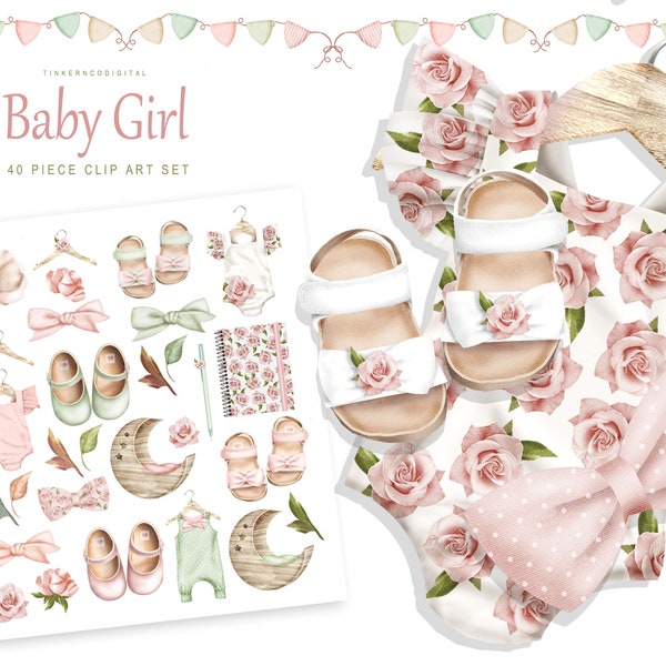 Baby Girl Clipart - Planner artwork - Baby Romper Graphics - Commercial Use illustrations - Baby Shoes - Infant Mothers Day Clip Art - TNCo