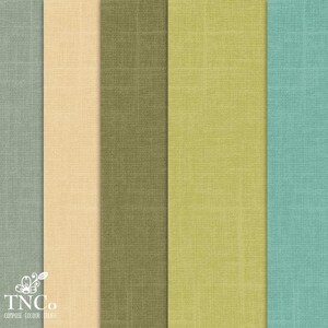 May include: Five fabric swatches in different shades of green, beige, and blue. The swatches have a textured linen look.
