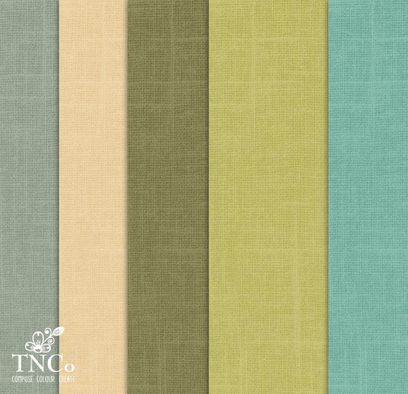 May include: Five fabric swatches in different shades of green, beige, and blue. The swatches have a textured linen look.