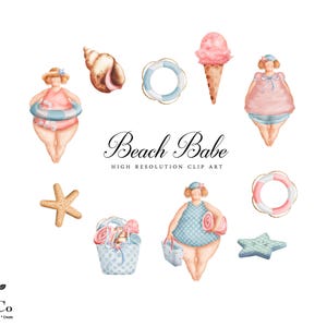 Op de afbeelding: Een set digitale illustraties met een strandthema. De illustraties omvatten een meisje dat een roze badpak en een blauwe zwemband draagt, een schelp, een zeester, een strandtas, een zwemband, een bolletje ijs en een meisje dat een roze jurk en een blauwe zwemband draagt. De tekst "Beach Babe High Resolution Clip Art" is in de afbeelding opgenomen.