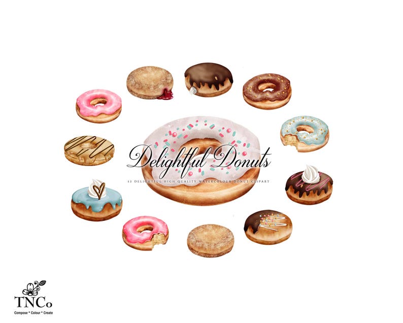 May include: A collection of 12 watercolour donuts in various colours and toppings, including sprinkles, chocolate, and frosting. The donuts are arranged in a circle on a white background. The text "Delightful Donuts" is written in a decorative font above the donuts.