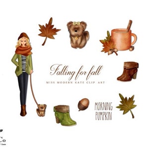 Fashion illustration - Fall clip art - Autumn Clip art - Watercolor clipart - Autumn leaves illustration - Dog lovers clip art - MK
