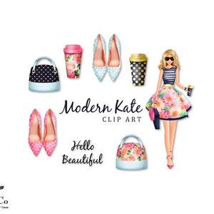 May include: A set of digital clip art featuring a woman in a floral skirt, a pair of pink and white polka dot heels, a blue and white polka dot handbag, a blue and white polka dot coffee cup, and a floral handbag. The text "Modern Kate Clip Art" and "Hello Beautiful" is also included.