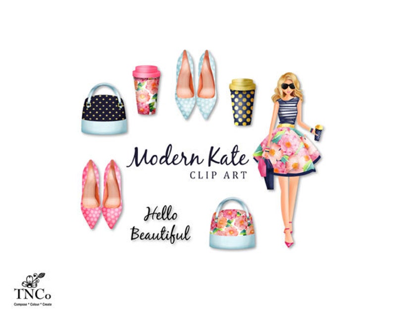 May include: A set of digital clip art featuring a woman in a floral skirt, a pair of pink and white polka dot heels, a blue and white polka dot handbag, a blue and white polka dot coffee cup, and a floral handbag. The text "Modern Kate Clip Art" and "Hello Beautiful" is also included.
