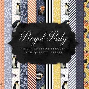May include: A set of 12 digital papers featuring penguins, gifts, and various patterns in shades of blue, gold, white, and orange. The papers are titled "Royal Party King & Emperor Penguin High Quality Papers".