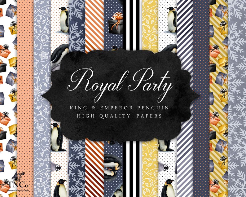 May include: A set of 12 digital papers featuring penguins, gifts, and various patterns in shades of blue, gold, white, and orange. The papers are titled "Royal Party King & Emperor Penguin High Quality Papers".