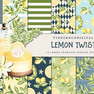 12 papiers numériques Lemon Seamless, fonds de scrapbooking numérique d’été Citrus, clipart citron bonus et illustrations à usage commercial.