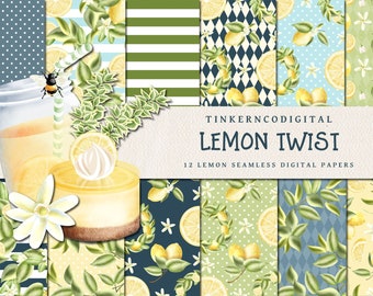 12 Lemon Seamless digital papers, Citrus summer digital scrapbooking backgrounds, Bonus lemon clipart and illustrations for commercial use.