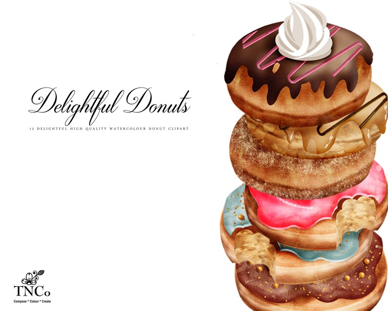 May include: A stack of six colourful doughnuts with various toppings, including chocolate, caramel, and sprinkles. The doughnuts are arranged in a tower, with the top doughnut featuring a white frosting swirl. The text "Delightful Donuts" is written in a decorative font above the doughnuts.