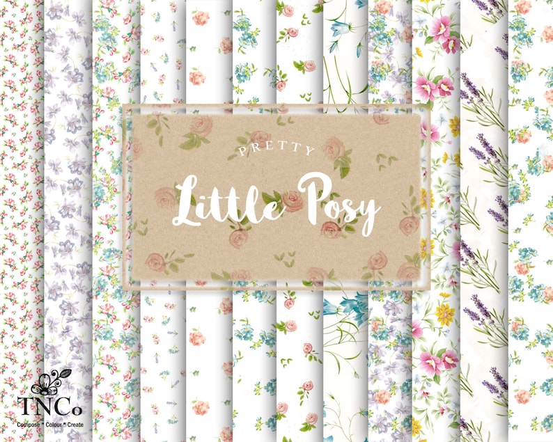 May include: A set of 12 digital paper patterns featuring various floral designs. The patterns include pink roses, bluebells, lavender, and other flowers on a white background. The text "Pretty Little Posy" is displayed on a brown paper background.