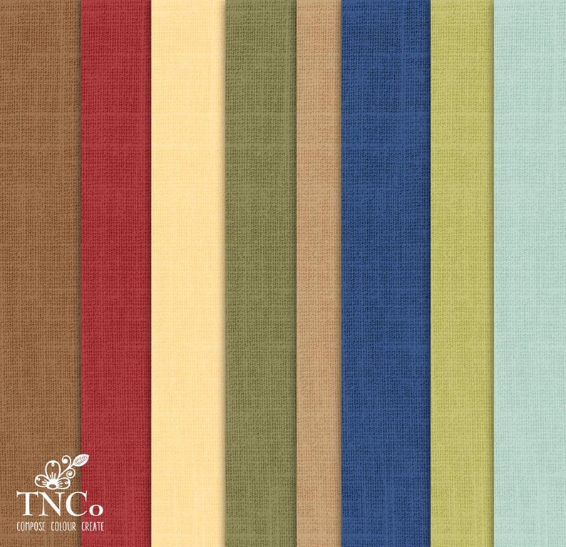 May include: A collection of 10 fabric swatches in various colors, including brown, red, yellow, green, blue, and light blue. The fabric has a textured, woven appearance.