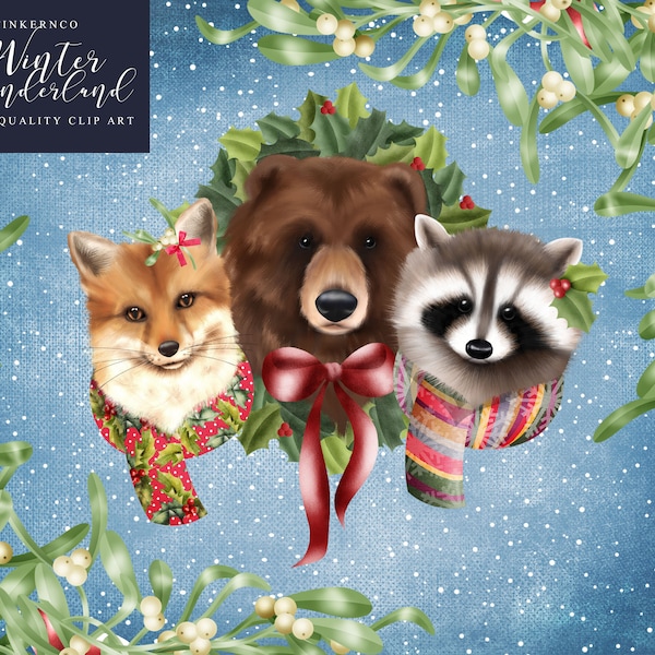 Christmas Clipart - Winter bear clipart - Fox clipart - Bear digital download - Christmas clip art - Commercial use digital clipart - TNCo