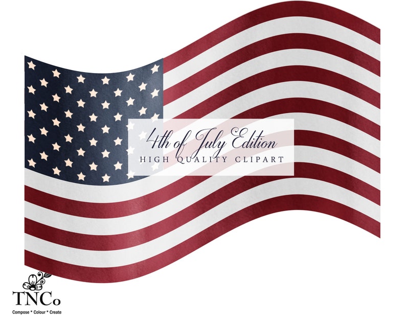 Puede incluir: Una bandera americana roja, blanca y azul ondeando al viento. La bandera est&aacute; hecha de acuarela y tiene un aspecto texturizado. El texto "4th of July Edition" y "High Quality Clipart" est&aacute; impreso en una pancarta blanca en el centro de la imagen.