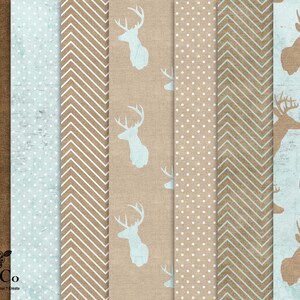 May include: Digital paper pack with 7 different patterns. The patterns include brown and white chevron, brown and white polka dots, brown and blue chevron, brown with blue deer silhouettes, brown with white deer silhouettes, brown with light blue deer silhouettes, and brown with white deer silhouettes.