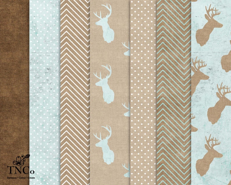 May include: Digital paper pack with 7 different patterns. The patterns include brown and white chevron, brown and white polka dots, brown and blue chevron, brown with blue deer silhouettes, brown with white deer silhouettes, brown with light blue deer silhouettes, and brown with white deer silhouettes.