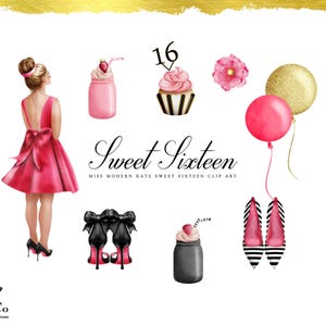 Sweet 16 Clipart - Sweet 16 Printables - Sweet 16 invitation graphics - Cupcake Clip art - Fashion illustration - Commercial use Clip art