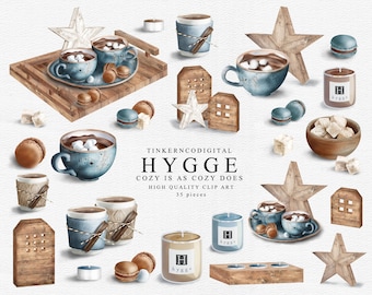 Hygge Clipart Hygge Printables Danish cosiness clipart cosy rustic wooden decorations for planners and scrapbooks blue and brown coffee mugs
