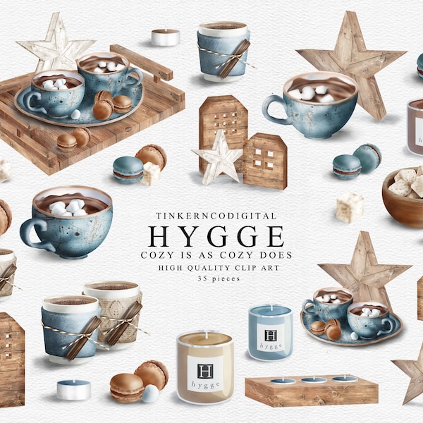 Hygge Clipart Hygge Imprimables Danois confort clipart cosy décorations rustiques en bois pour les planificateurs et scrapbooks tasses à café bleues et brunes