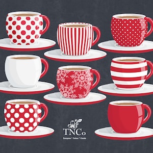 May include: Set of ten red and white patterned coffee mugs with saucers. The mugs have different patterns including polka dots, stripes, and snowflakes.